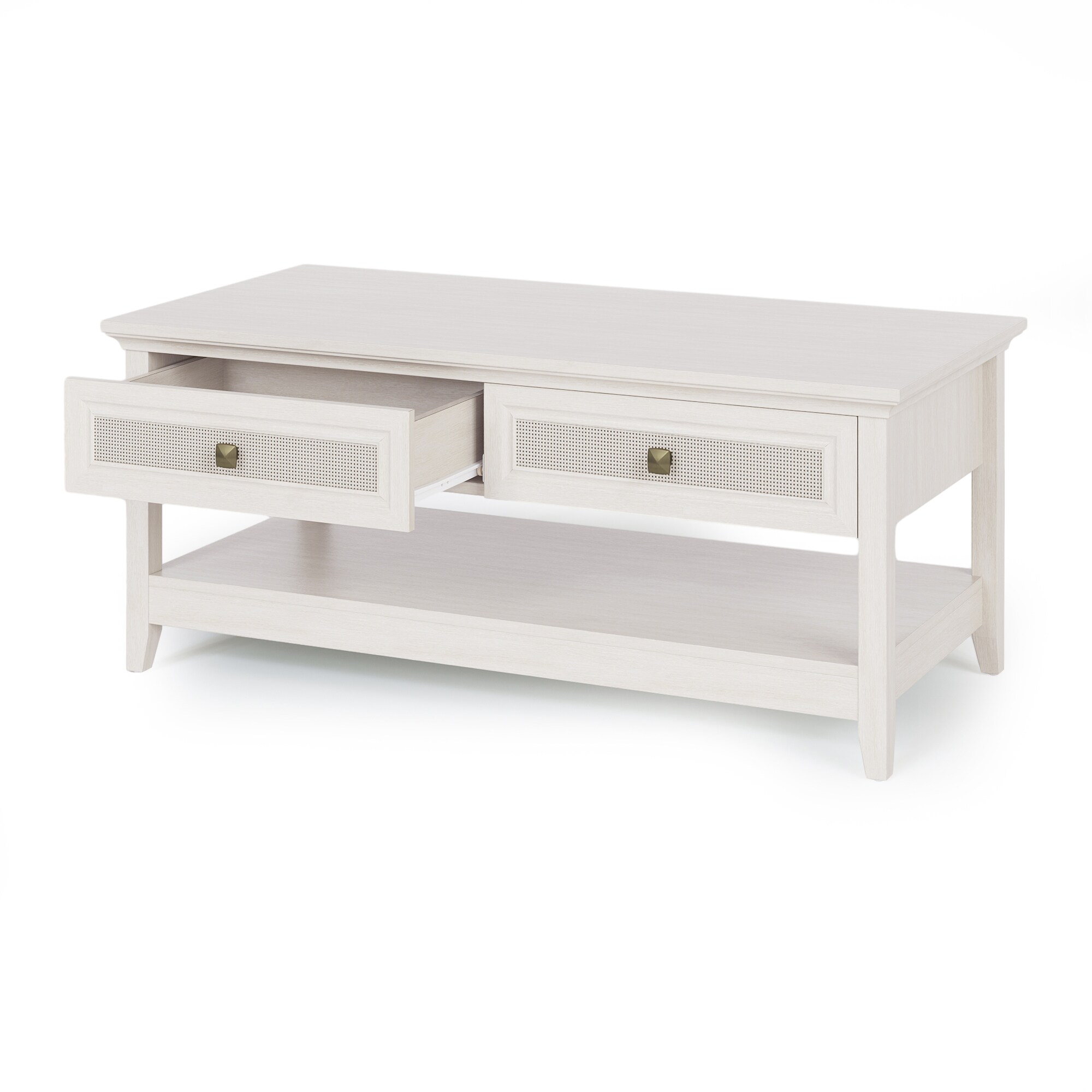 Farmhouse Coffee Table, Boho Tea Table With 2 Rattan Decor Drawers, Accent Center Sofa Table With Storage Shelf, 2 Tier Coffee Table For Bedroom, Living Room, Home Office, Grayish White_voghion.com